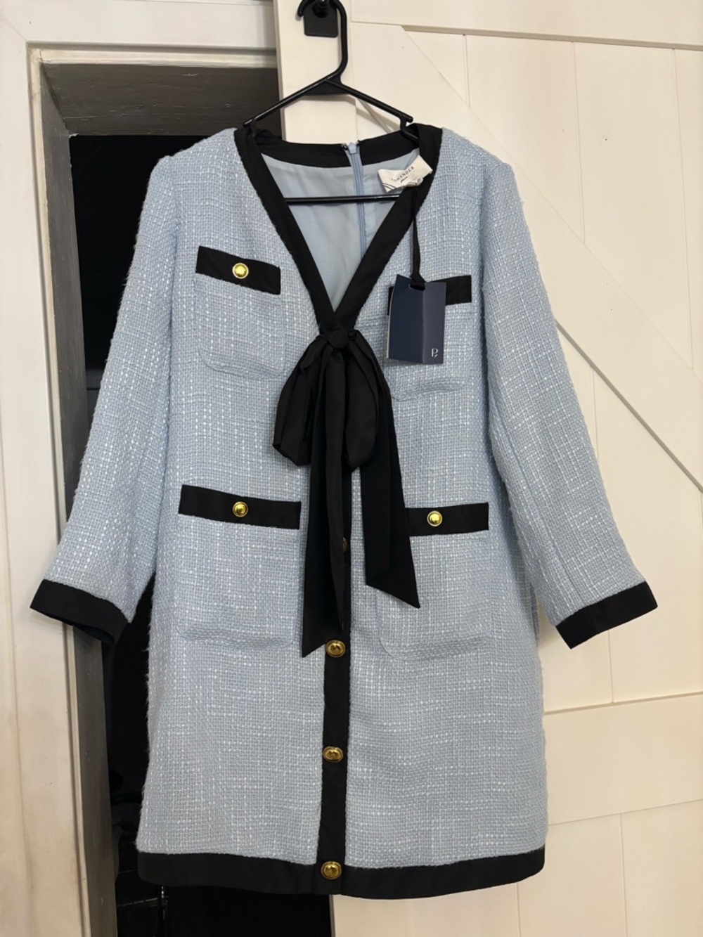 Tuckernuck Pomander Place Light Blue Tweed Dress Coat with Black Bow Trim